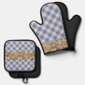 "Denim Blue, Parelroze" Gingham & Kant Ovenwant & Pannenlap Set (Voorkant / Achterkant)