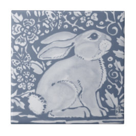 Denim Blue Plump Bunny Rabbit Floral Dedham Delft Tegeltje