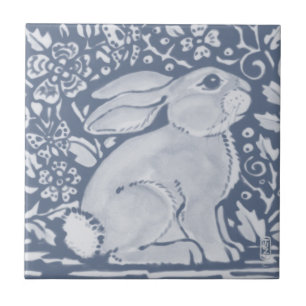 Denim Blue Plump Bunny Rabbit Floral Dedham Delft Tegeltje
