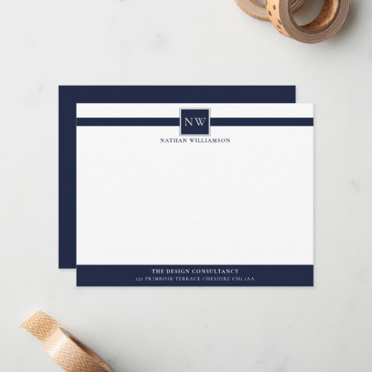 Denim Blue Professioneel Monogram Bedrijf Notitiekaartje (Voorkant / Achterkant in situ)