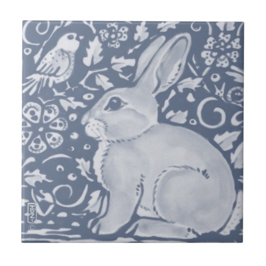 Denim Blue Rabbit Bird Floral Dedham Delft Tegeltje (Voorkant)