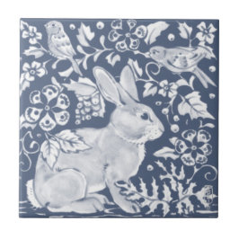 Denim Blue Rabbit Bunny Birds Floral Dedham Delft Tegeltje