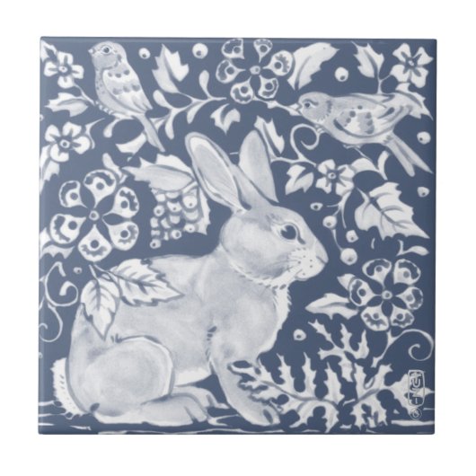 Denim Blue Rabbit Bunny Birds Floral Dedham Delft Tegeltje (Voorkant)