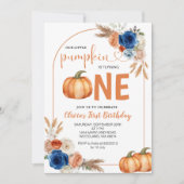 Denim Blue Rustic Pumpkin 1e verjaardag Uitnodigin Kaart (Voorkant)