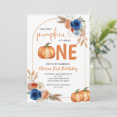 Denim Blue Rustic Pumpkin 1e verjaardag Uitnodigin Kaart (Staand voorkant)