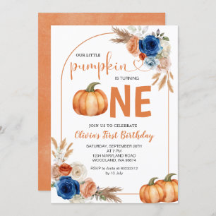 Denim Blue Rustic Pumpkin 1e verjaardag Uitnodigin Kaart
