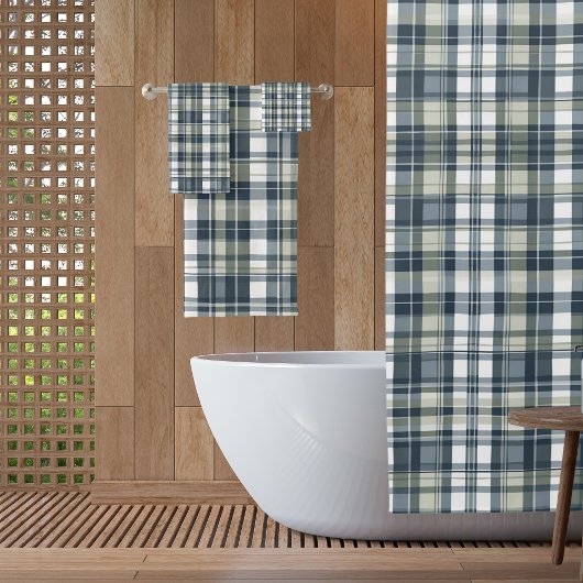 Denim Blue Sage Groen Wit Plaid Douchegordijn