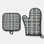 Denim Blue Sage Groen Wit Plaid Ovenwant & Pannenlap Set (Voorkant)