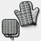 Denim Blue Sage Groen Wit Plaid Ovenwant & Pannenlap Set (Voorkant / Achterkant)