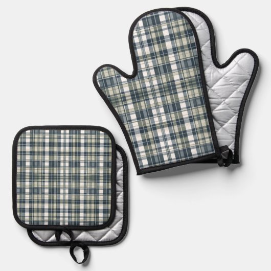 Denim Blue Sage Groen Wit Plaid Ovenwant & Pannenlap Set (Voorkant / Achterkant)
