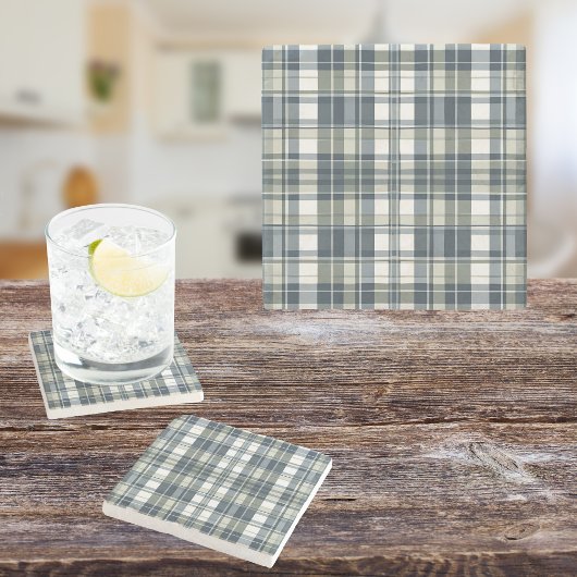 Denim Blue Sage Groen Wit Plaid Stenen Onderzetter