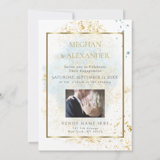 Denim Blue Waterverf Verloving Foto Lijst Kaart (Voorkant)