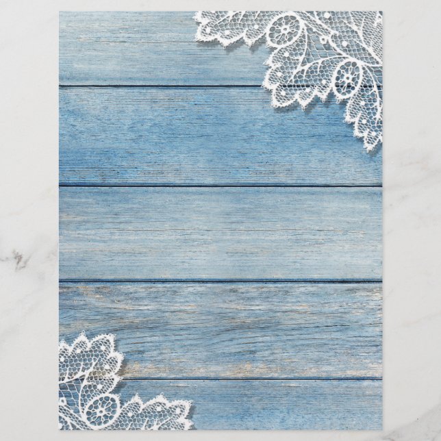 Denim Blue Wood Grain & White Lace Scrapbook Paper (Voorkant)