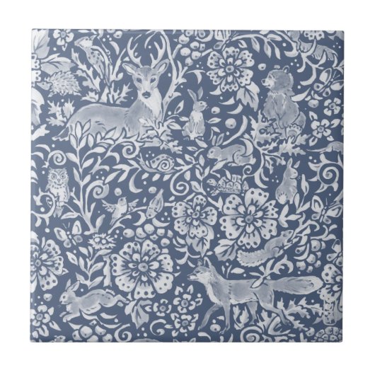 Denim Blue Woodland Animal Forest Deer Rabbit Tegeltje (Voorkant)
