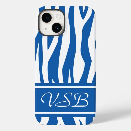 Denim Blue Zebra Print met monogram Case-Mate iPhone Case (Achterkant)