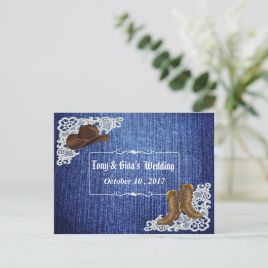 Denim Boots & Lace Wedding RSVP Uitnodiging Briefkaart (Staand voorkant)
