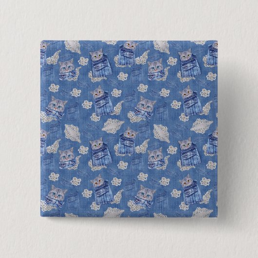 Denim-broekjans, Kittens en Lace Vierkante Button 5,1 Cm (Voorkant)