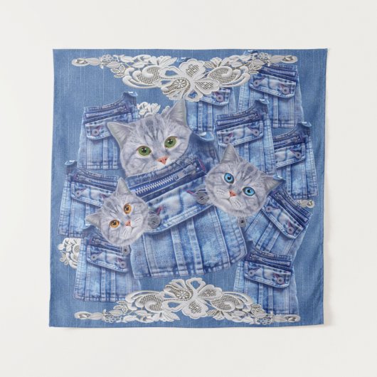 Denim-broekjans, Kittens en Lace Wandkleed (Voorkant)