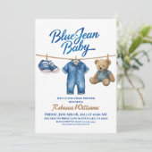 Denim Clothesline Boy Blue Jean Baby shower Kaart (Staand voorkant)