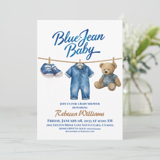 Denim Clothesline Boy Blue Jean Baby shower Kaart (Staand voorkant)