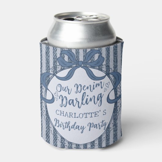 Denim Coquette Bow Blue Jean Baby Birthday Favor Blikjeskoeler (Blikje Voorkant)