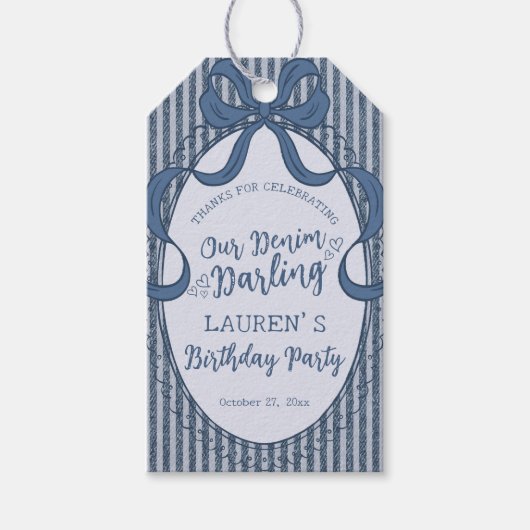 Denim Coquette Bow Blue Jean Baby Birthday Favors Cadeaulabel (Voorkant)