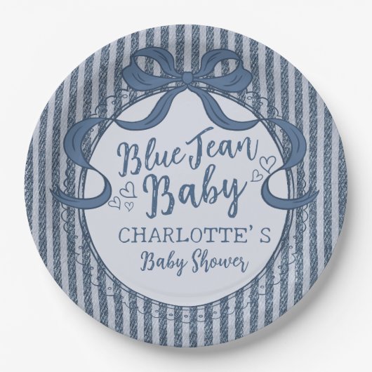 Denim Coquette Bow Blue Jean Baby Shower Papieren Bordje (Voorkant)