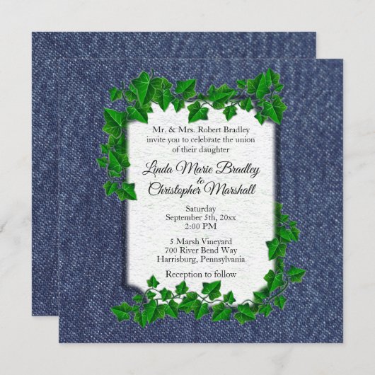 Denim Country Wedding Invitation 5,25 x 5,25 Kaart (Voorkant / Achterkant)