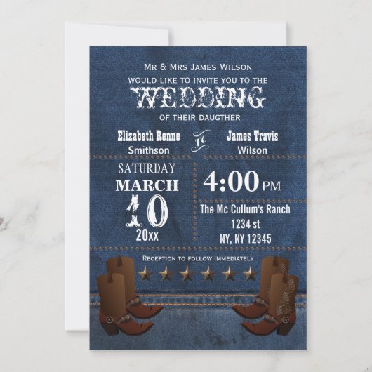 Denim Cowboy boots Stars Westerne bruiloft nodigt  Kaart (Voorkant)