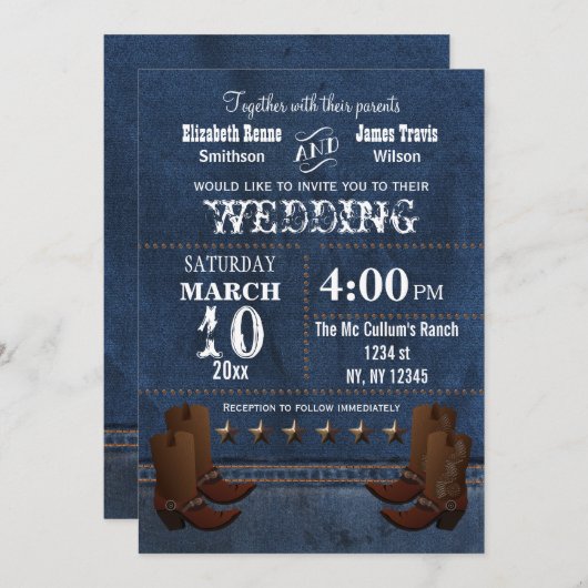 Denim Cowboy boots Stars Westerne bruiloft nodigt Kaart (Voorkant / Achterkant)