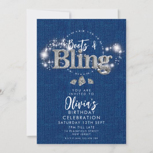 Denim Cowboylaarzen en Bling Feest Uitnodiging (Voorkant)