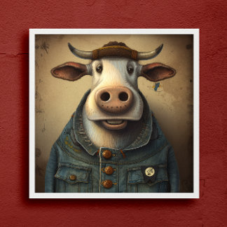 Denim Dapper Koe - Funny koe in een kostume Poster