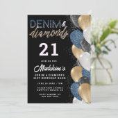 Denim diamanten ballonnen boog moderne 21e verjaar kaart (Staand voorkant)