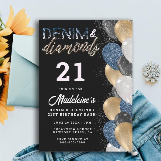 Denim diamanten ballonnen boog moderne 21e verjaar kaart