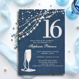 Denim Diamanten Parels Champagne  ElegantSweet 16 Kaart