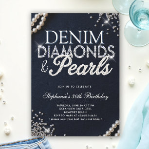 Denim Diamanten Parels Chic Klasse Elegant Verjaar Kaart