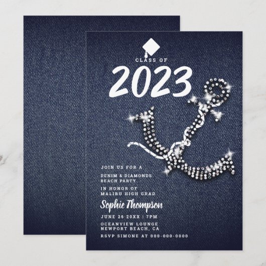 Denim Diamond Anchor Beach Blue Graduparty Kaart (Voorkant / Achterkant)