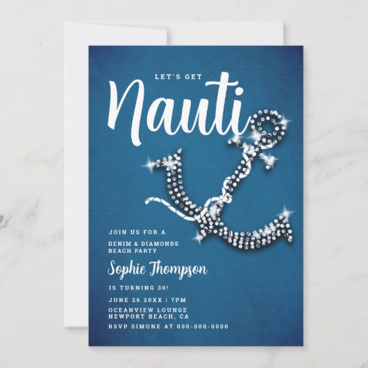Denim Diamond Anchor Nauti Blue Birthday Party Kaart (Voorkant)