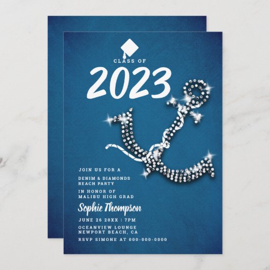 Denim Diamond Bling Anchor Beach Graduparty Kaart (Voorkant / Achterkant)