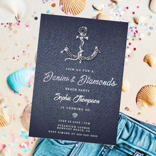Denim Diamond Bling Anchor Nautical Birthday Party Kaart