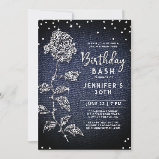 Denim Diamond Bling Roos Indigo Blauw 30e Verjaard Kaart (Voorkant)