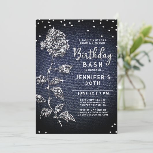 Denim Diamond Bling Roos Indigo Blauw 30e Verjaard Kaart (Staand voorkant)