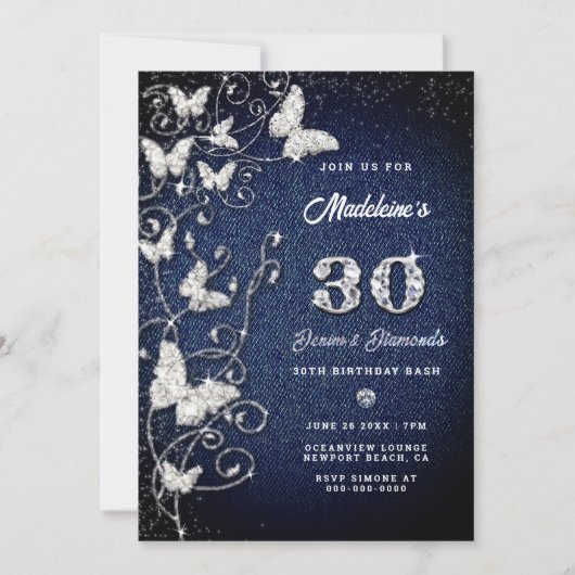 Denim Diamond Bling Vines Butterfly Birthday Kaart (Voorkant)
