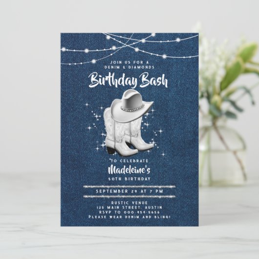 Denim Diamond Cowgirl Pet Laarzen Chic 50ste Verja Kaart (Staand voorkant)