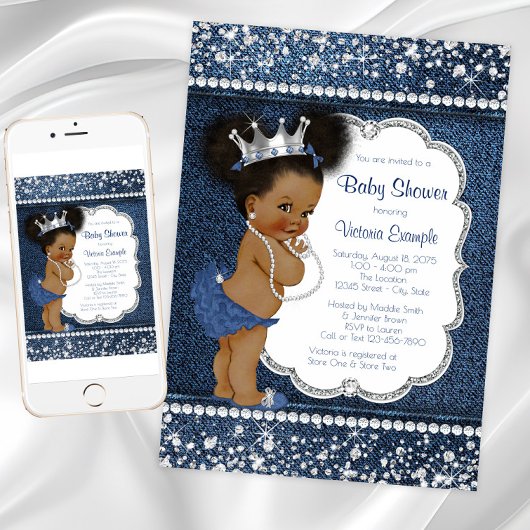 Denim Diamond Girls African American Baby shower Kaart