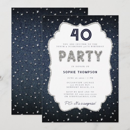 Denim Diamond Glitter Lijst 40e verjaardag Kaart (Voorkant / Achterkant)