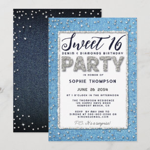 Denim Diamond Glitter Lijst Sweet 16 Party Girly Kaart
