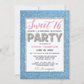 Denim Diamond Glitter Lijst Sweet 16 Party Pink Kaart (Voorkant)
