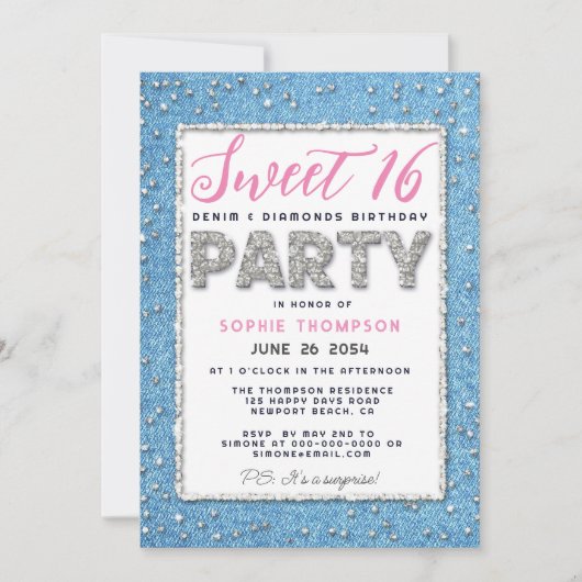 Denim Diamond Glitter Lijst Sweet 16 Party Pink Kaart (Voorkant)