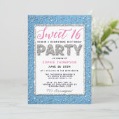 Denim Diamond Glitter Lijst Sweet 16 Party Pink Kaart (Staand voorkant)